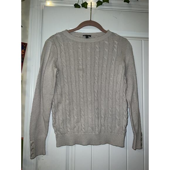 Talbots grey cable knit long sleeve sweater nylon/wool womens PETITE P - Picture 1 of 4